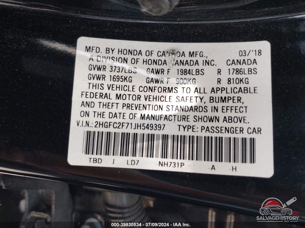 2HGFC2F71JH549397 2018 HONDA CIVIC photo no. 9