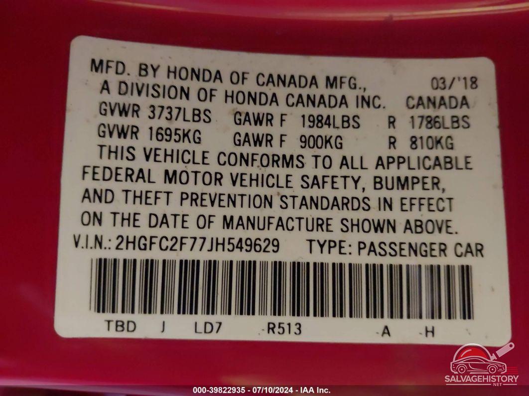 2HGFC2F77JH549629 2018 HONDA CIVIC photo no. 9