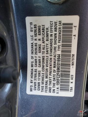 19XFC2F69KE016944 2019 HONDA CIVIC photo no. 12