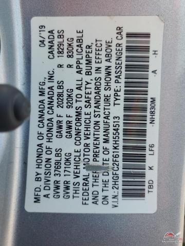 2HGFC2F61KH554513 2019 HONDA CIVIC photo no. 12
