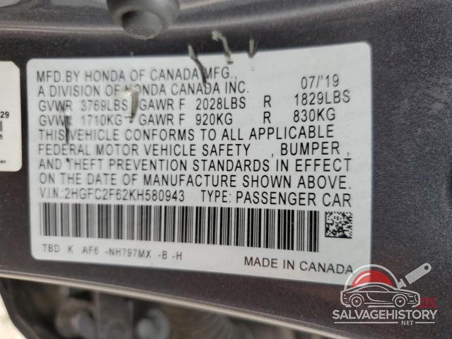 2HGFC2F62KH580943 2019 HONDA CIVIC photo no. 12