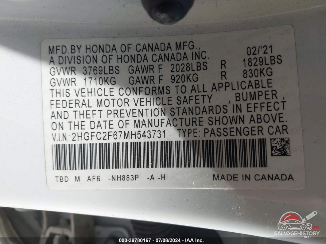 2HGFC2F67MH543731 2021 HONDA CIVIC photo no. 9