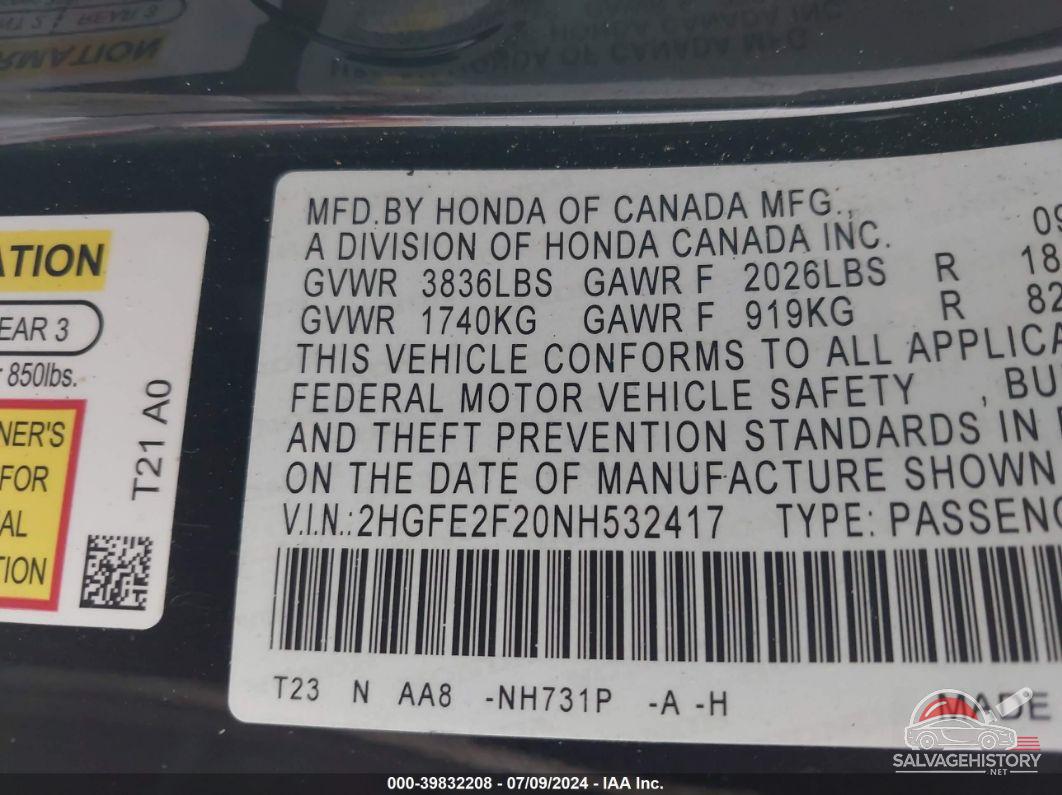 2HGFE2F20NH532417 2022 HONDA CIVIC photo no. 9