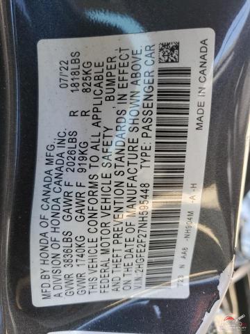2HGFE2F27NH595448 2022 HONDA CIVIC photo no. 12