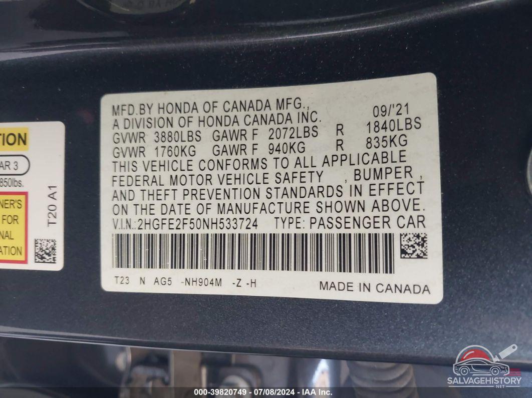 2HGFE2F50NH533724 2022 HONDA CIVIC photo no. 9
