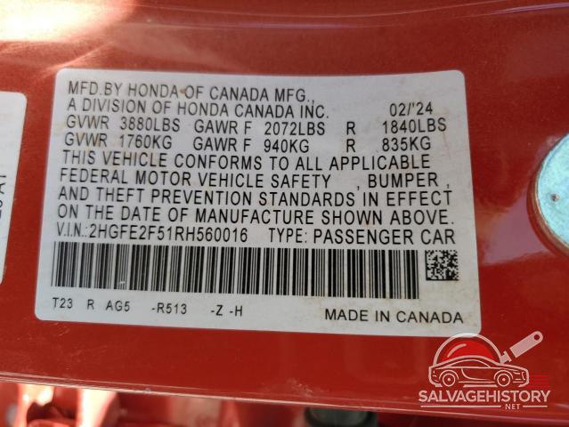2HGFE2F51RH560016 2024 HONDA CIVIC photo no. 12