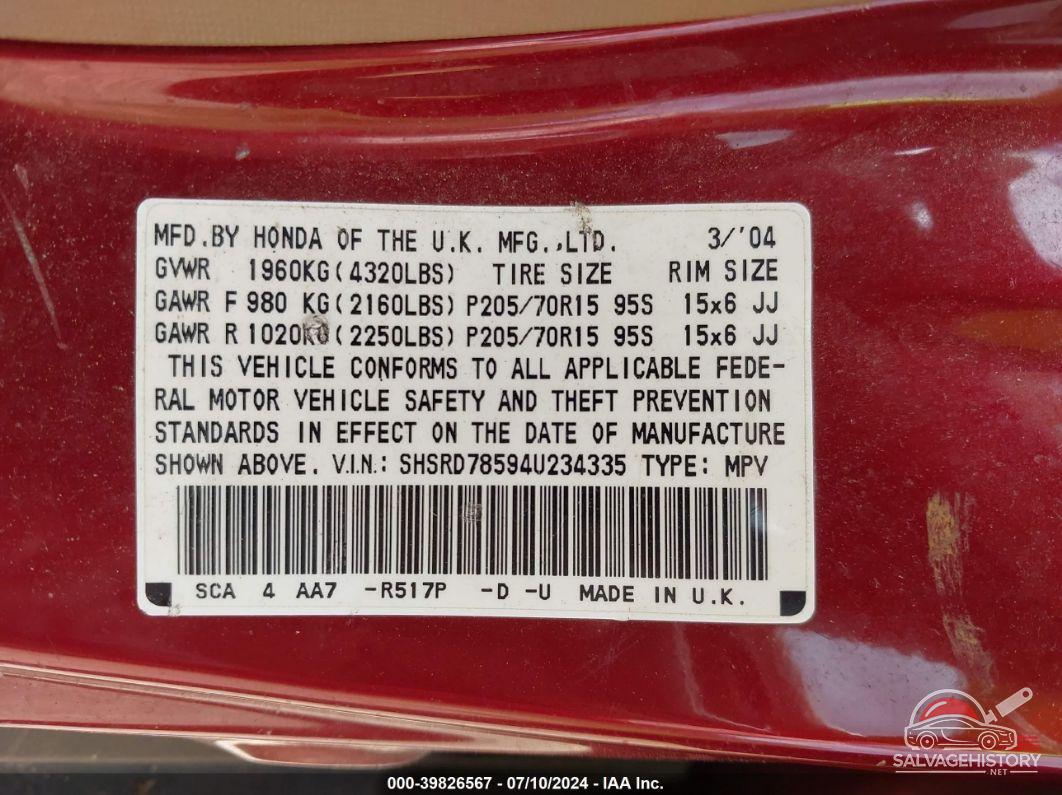 SHSRD78594U234335 2004 HONDA CR-V photo no. 9