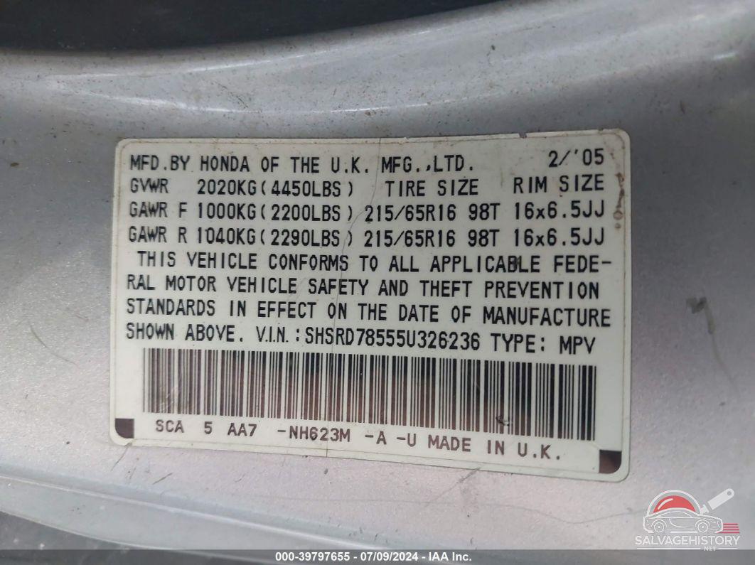 SHSRD78555U326236 2005 HONDA CR-V photo no. 9