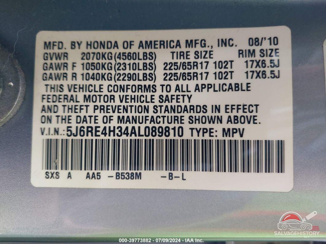 5J6RE4H34AL089810 2010 HONDA CR-V photo no. 9