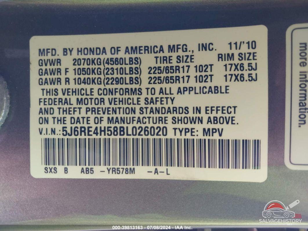 5J6RE4H58BL026020 2011 HONDA CR-V photo no. 9