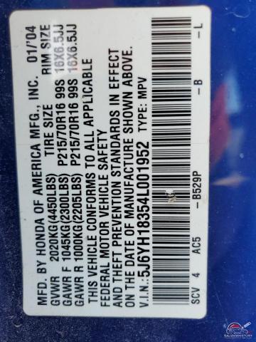 5J6YH18354L001952 2004 HONDA ELEMENT photo no. 12