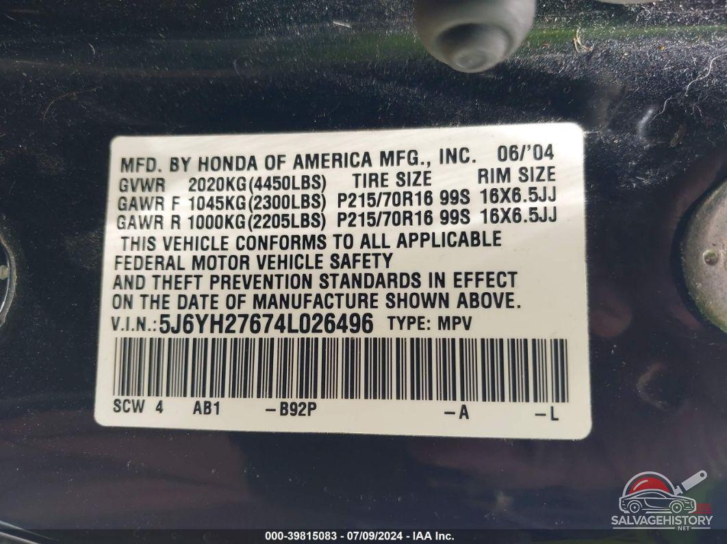 5J6YH27674L026496 2004 HONDA ELEMENT photo no. 9