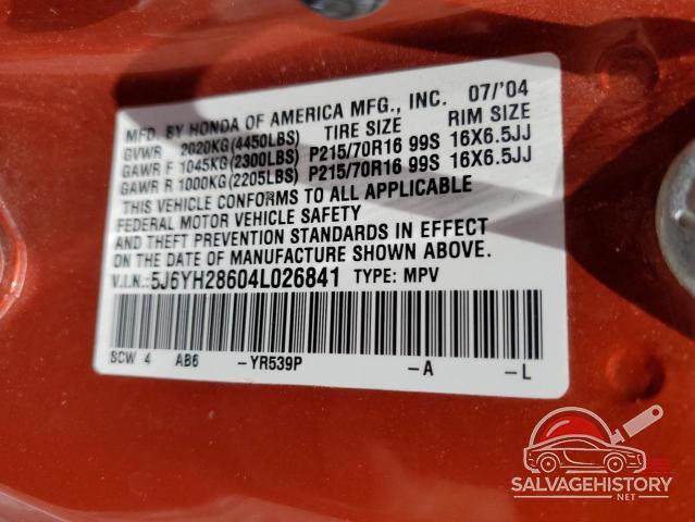5J6YH28604L026841 2004 HONDA ELEMENT photo no. 13