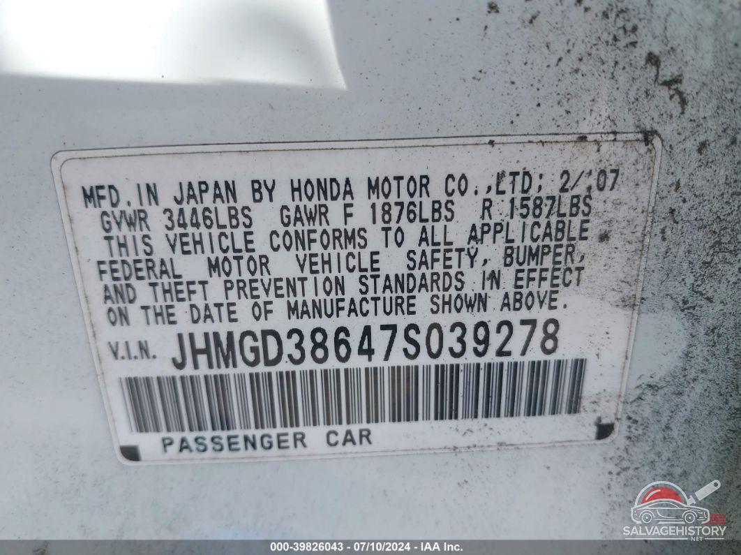 JHMGD38647S039278 2007 HONDA FIT photo no. 9