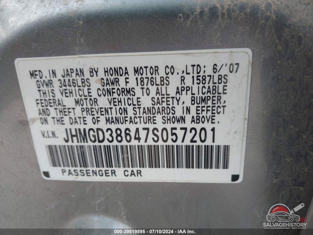 JHMGD38647S057201 2007 HONDA FIT photo no. 9
