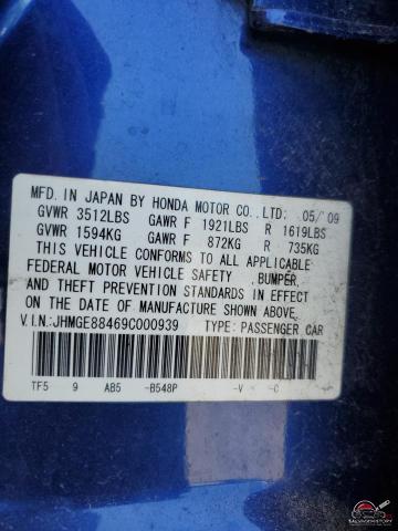 JHMGE88469C000939 2009 HONDA FIT photo no. 13