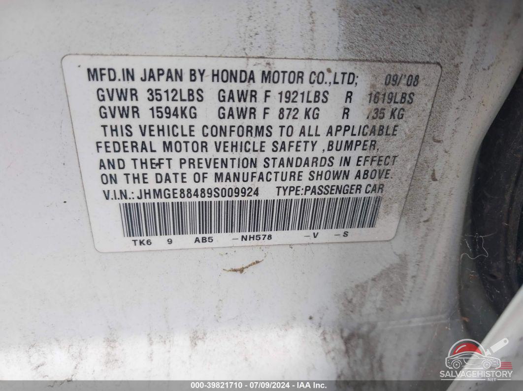 JHMGE88489S009924 2009 HONDA FIT photo no. 9