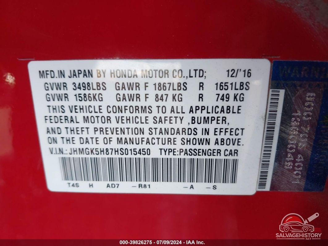 JHMGK5H87HS015450 2017 HONDA FIT photo no. 9