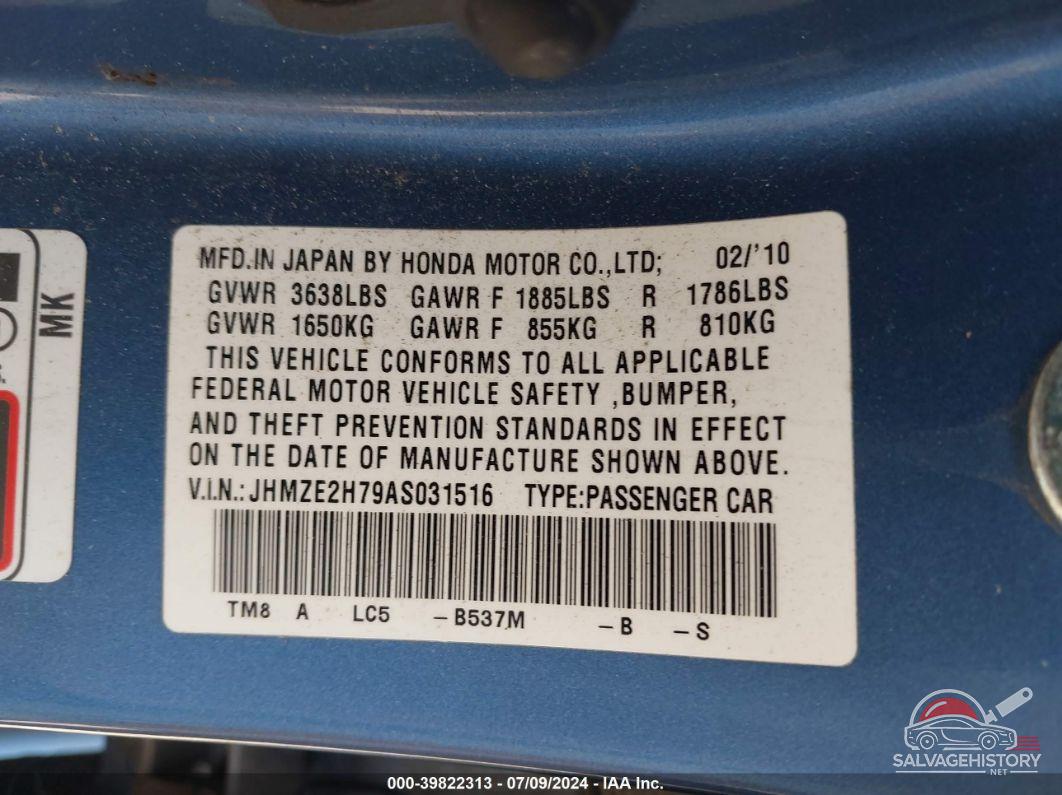 JHMZE2H79AS031516 2010 HONDA INSIGHT photo no. 9