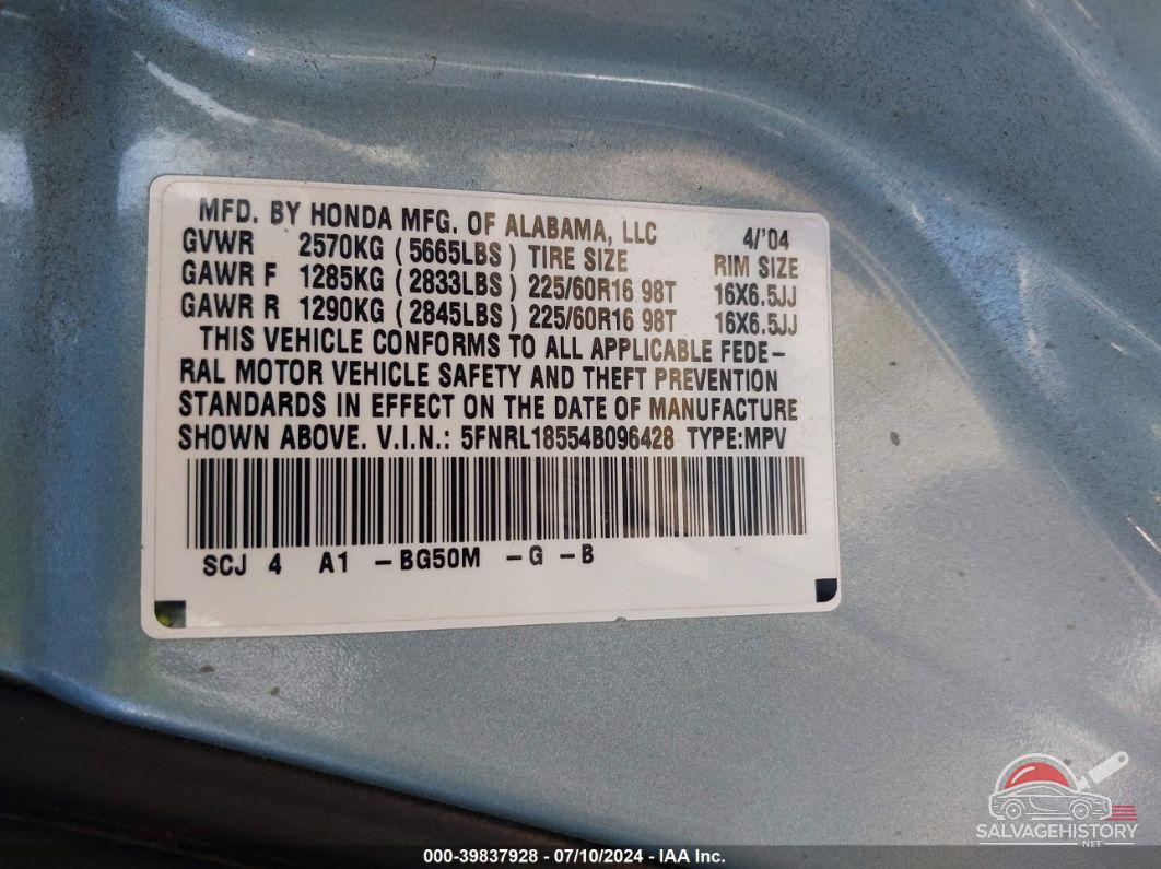 5FNRL18554B096428 2004 HONDA ODYSSEY photo no. 9