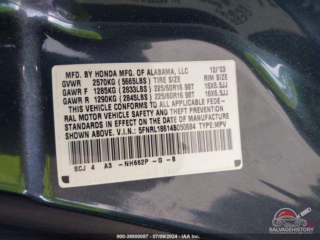 5FNRL18614B050684 2004 HONDA ODYSSEY photo no. 9