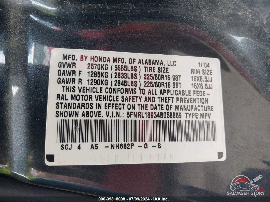 5FNRL18934B058859 2004 HONDA ODYSSEY photo no. 9