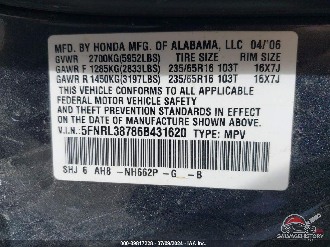 5FNRL38786B431620 2006 HONDA ODYSSEY photo no. 9