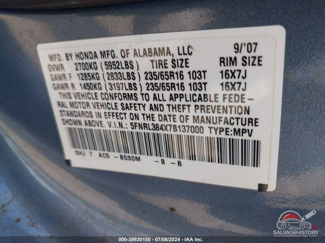 5FNRL384X7B137000 2007 HONDA ODYSSEY photo no. 9