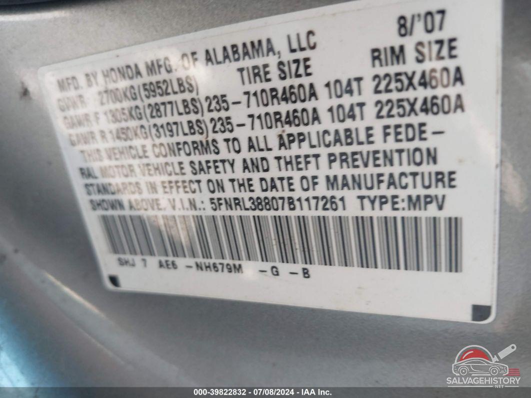 5FNRL38807B117261 2007 HONDA ODYSSEY photo no. 9