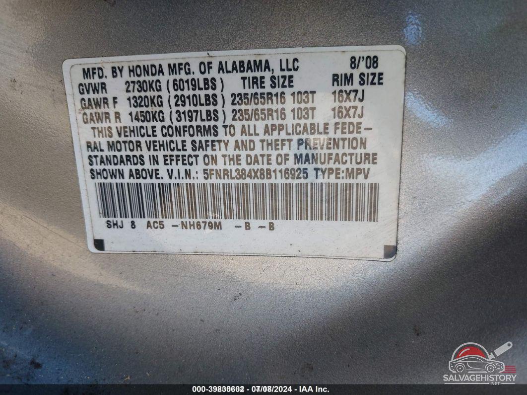 5FNRL384X8B116925 2008 HONDA ODYSSEY photo no. 9