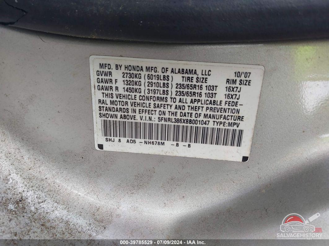 5FNRL386X8B001047 2008 HONDA ODYSSEY photo no. 9