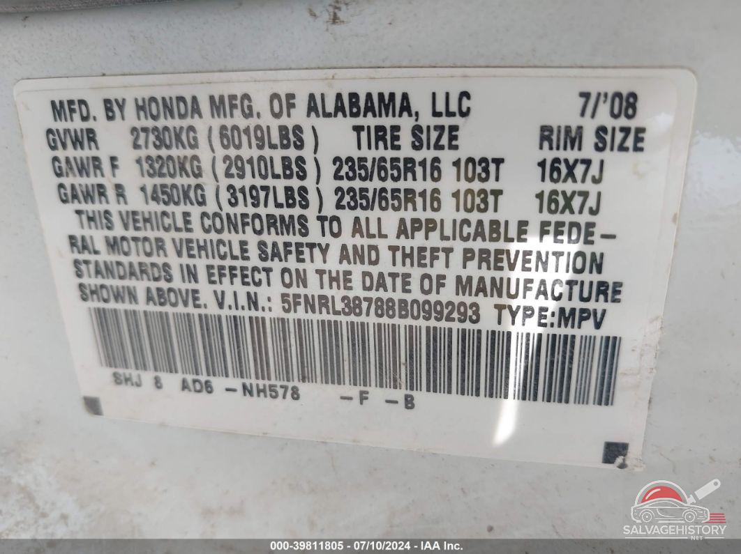 5FNRL38788B099293 2008 HONDA ODYSSEY photo no. 9