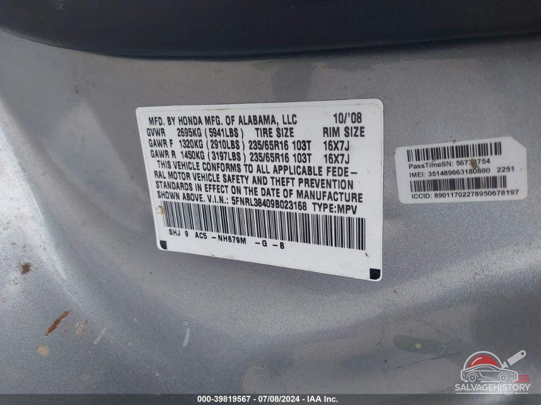 5FNRL38409B023168 2009 HONDA ODYSSEY photo no. 9