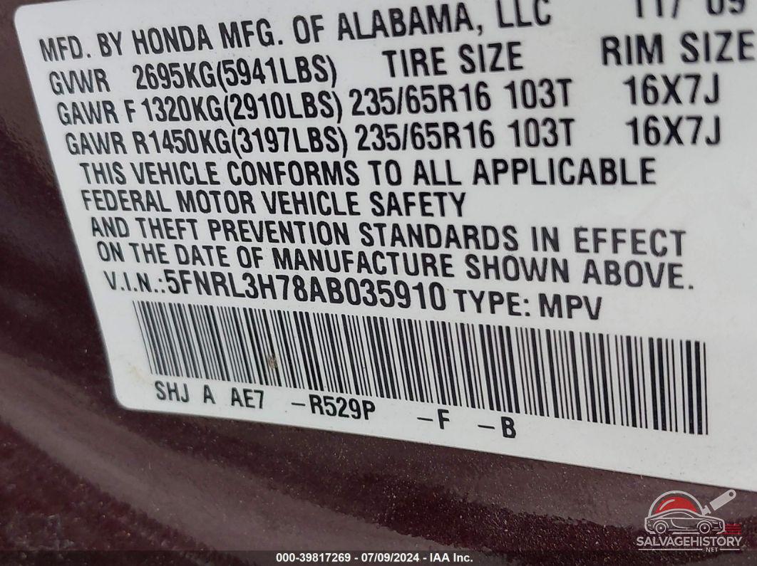 5FNRL3H78AB035910 2010 HONDA ODYSSEY photo no. 9