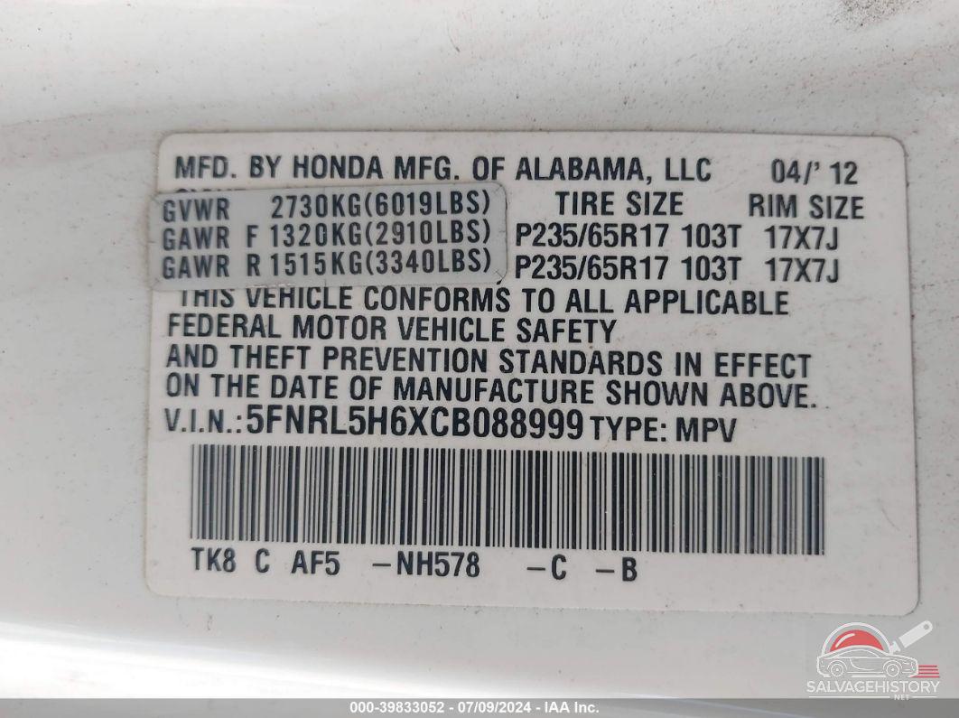 5FNRL5H6XCB088999 2012 HONDA ODYSSEY photo no. 9