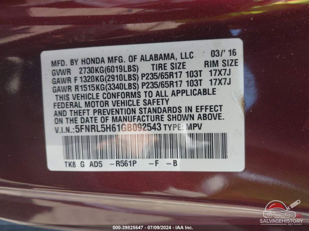 5FNRL5H61GB092543 2016 HONDA ODYSSEY photo no. 9