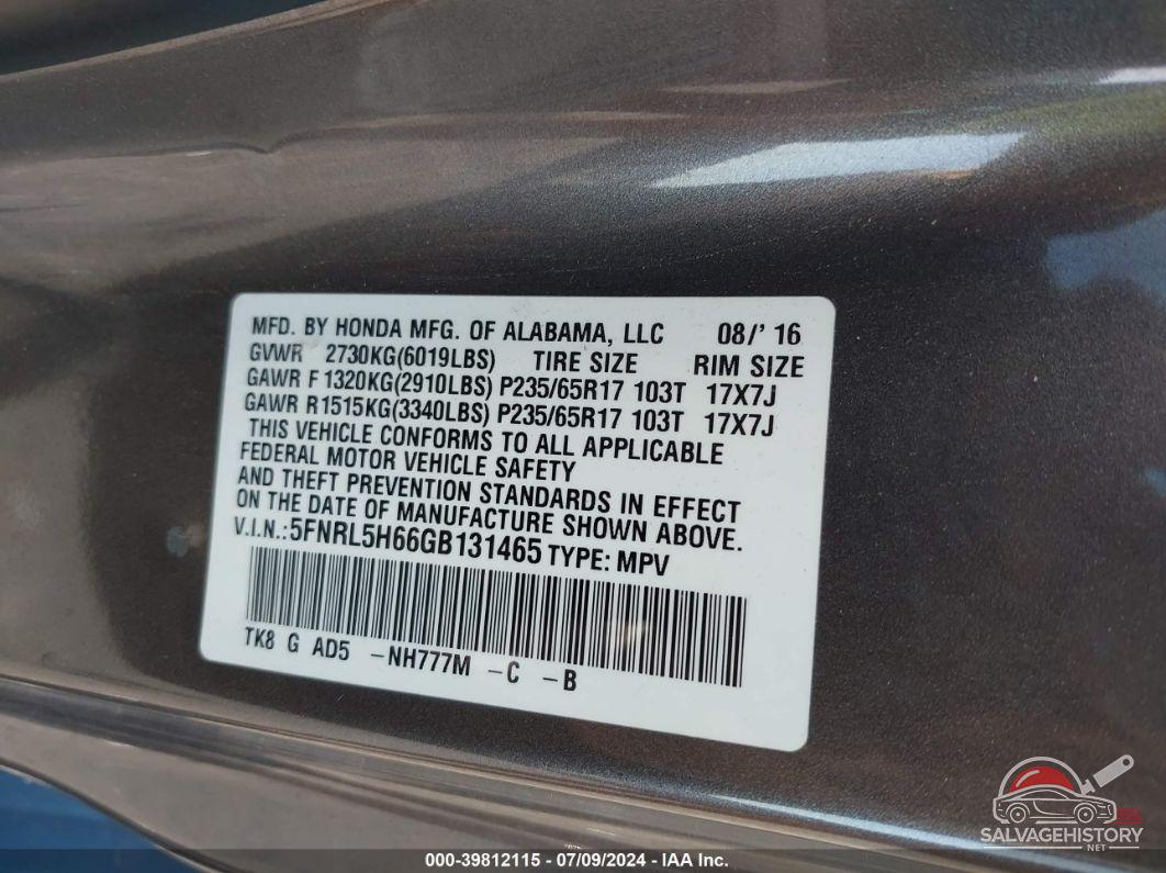 5FNRL5H66GB131465 2016 HONDA ODYSSEY photo no. 9