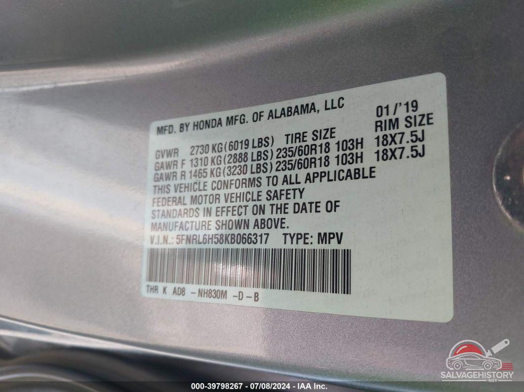 5FNRL6H58KB066317 2019 HONDA ODYSSEY photo no. 9