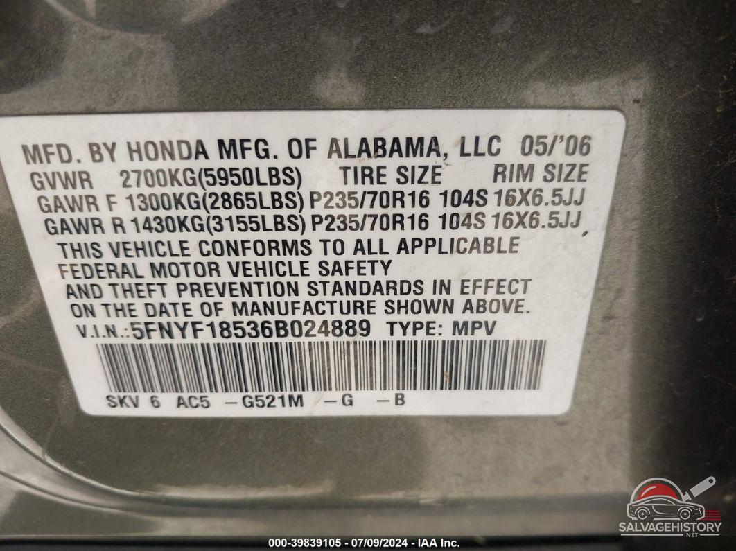 5FNYF18536B024889 2006 HONDA PILOT photo no. 9