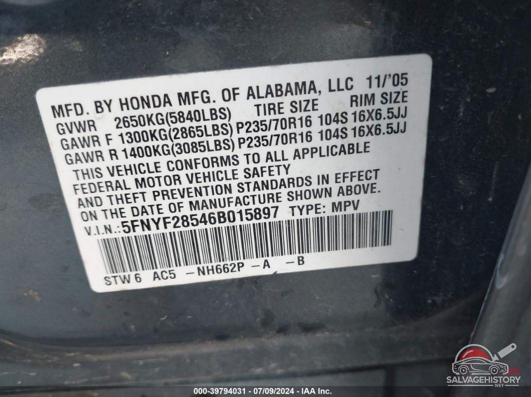5FNYF28546B015897 2006 HONDA PILOT photo no. 9
