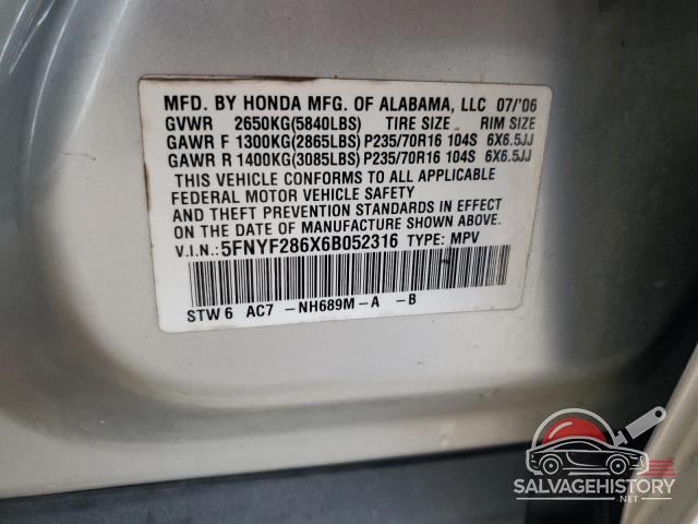 5FNYF286X6B052316 2006 HONDA PILOT photo no. 13