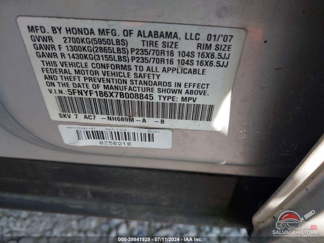 5FNYF186X7B008845 2007 HONDA PILOT photo no. 9