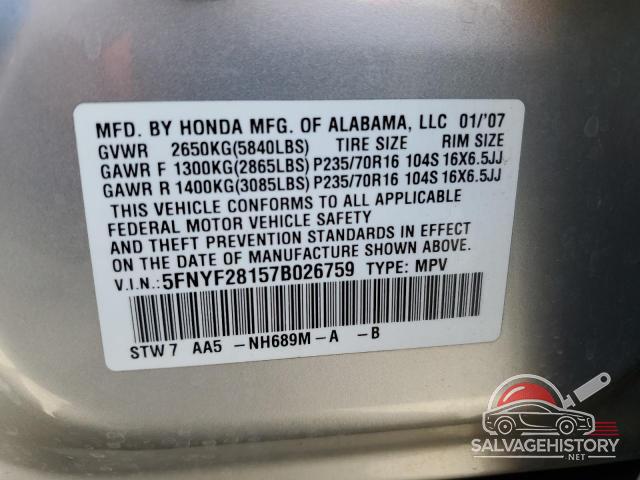 5FNYF28157B026759 2007 HONDA PILOT photo no. 12
