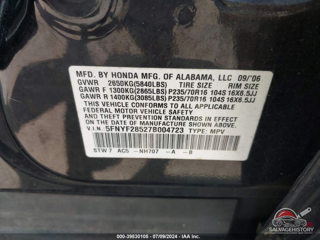 5FNYF28527B004723 2007 HONDA PILOT photo no. 9