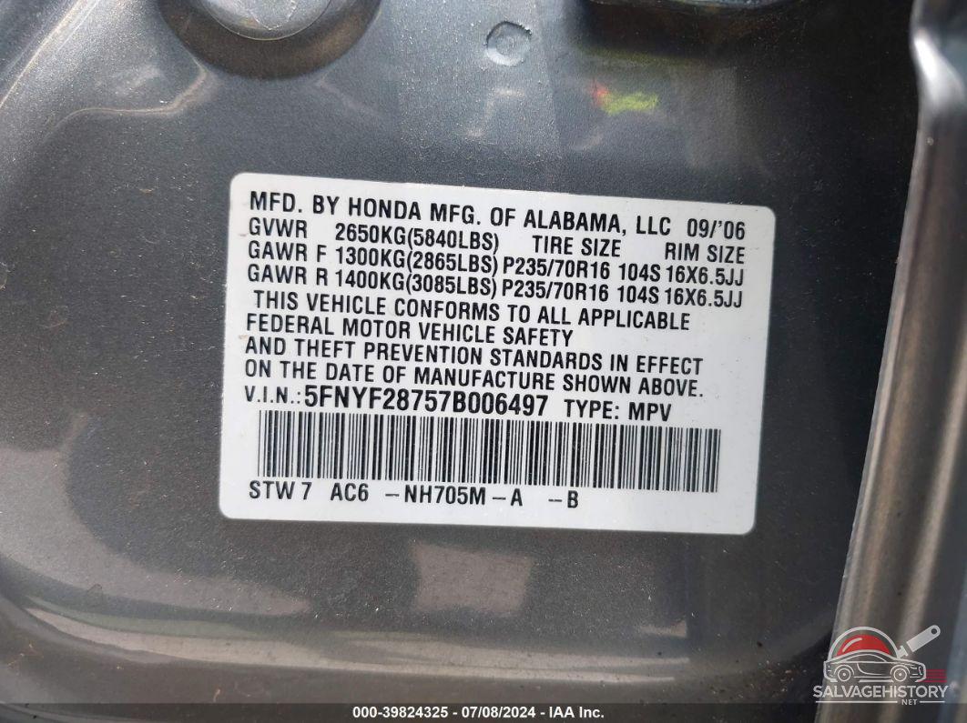 5FNYF28757B006497 2007 HONDA PILOT photo no. 9