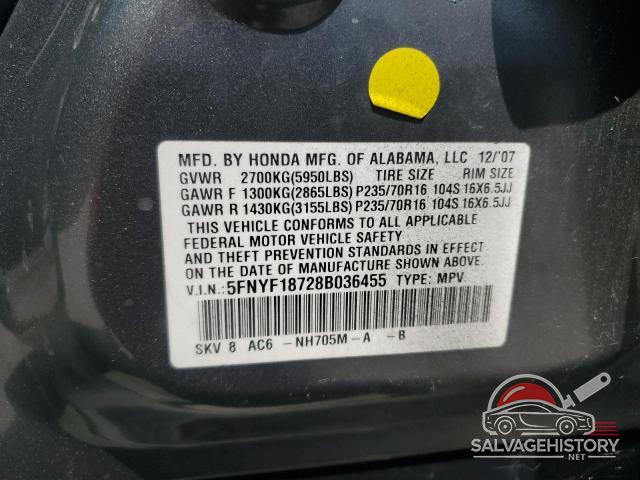 5FNYF18728B036455 2008 HONDA PILOT photo no. 13
