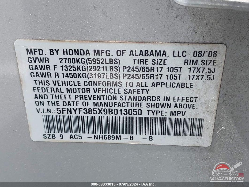 5FNYF385X9B013050 2009 HONDA PILOT photo no. 9