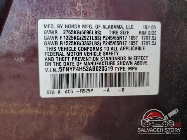 5FNYF4H52AB020519 2010 HONDA PILOT photo no. 13