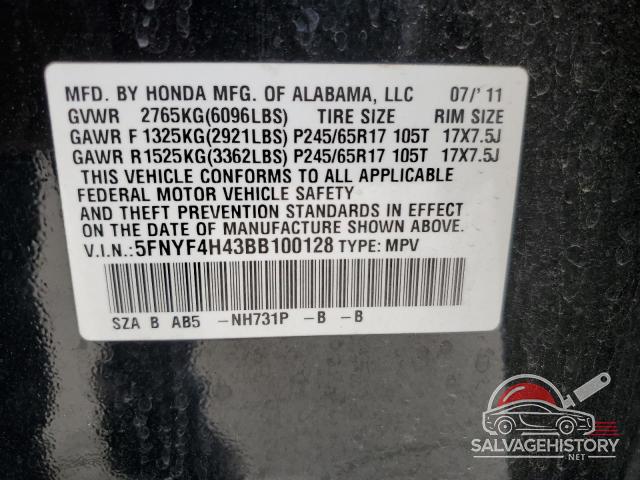 5FNYF4H43BB100128 2011 HONDA PILOT photo no. 13