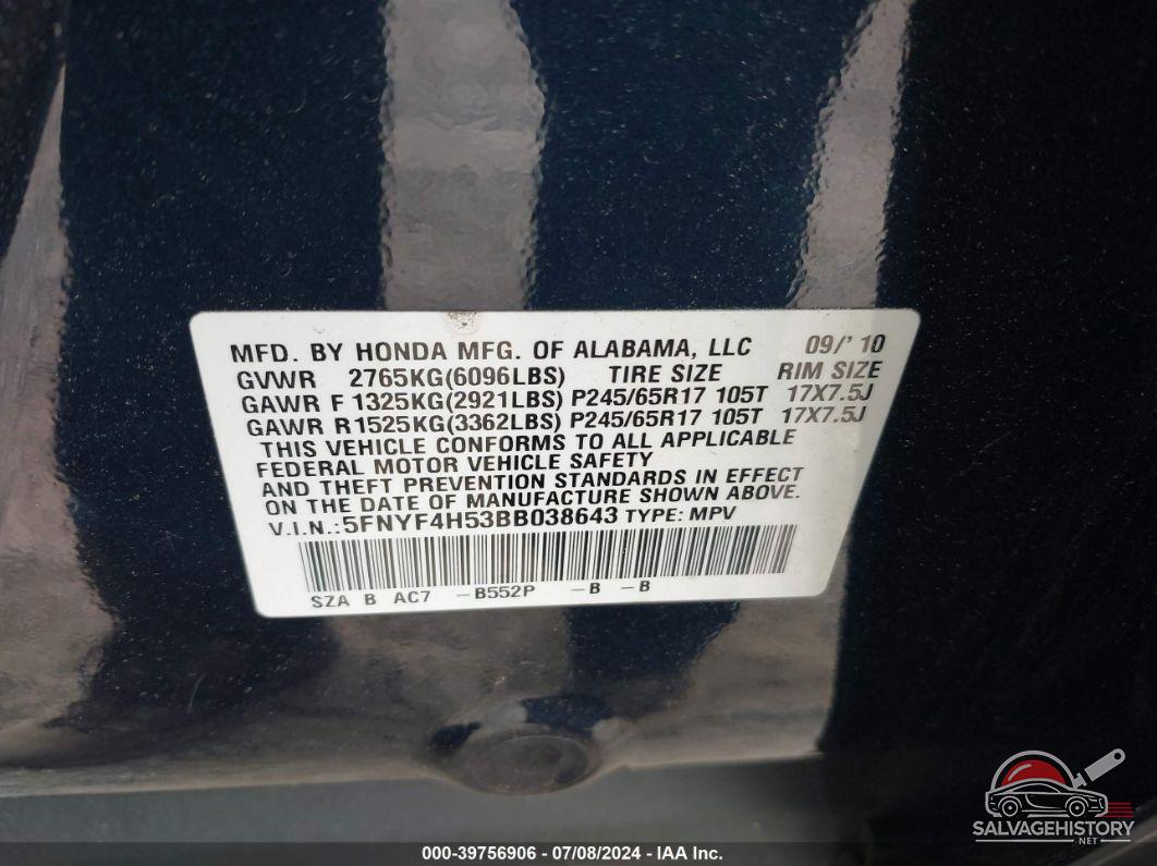 5FNYF4H53BB038643 2011 HONDA PILOT photo no. 9